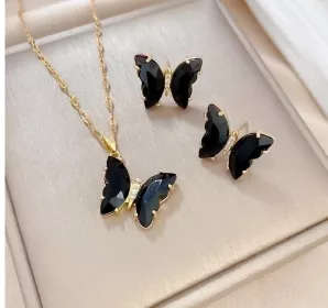 Černý motýlí set naušnice s řetízkem 